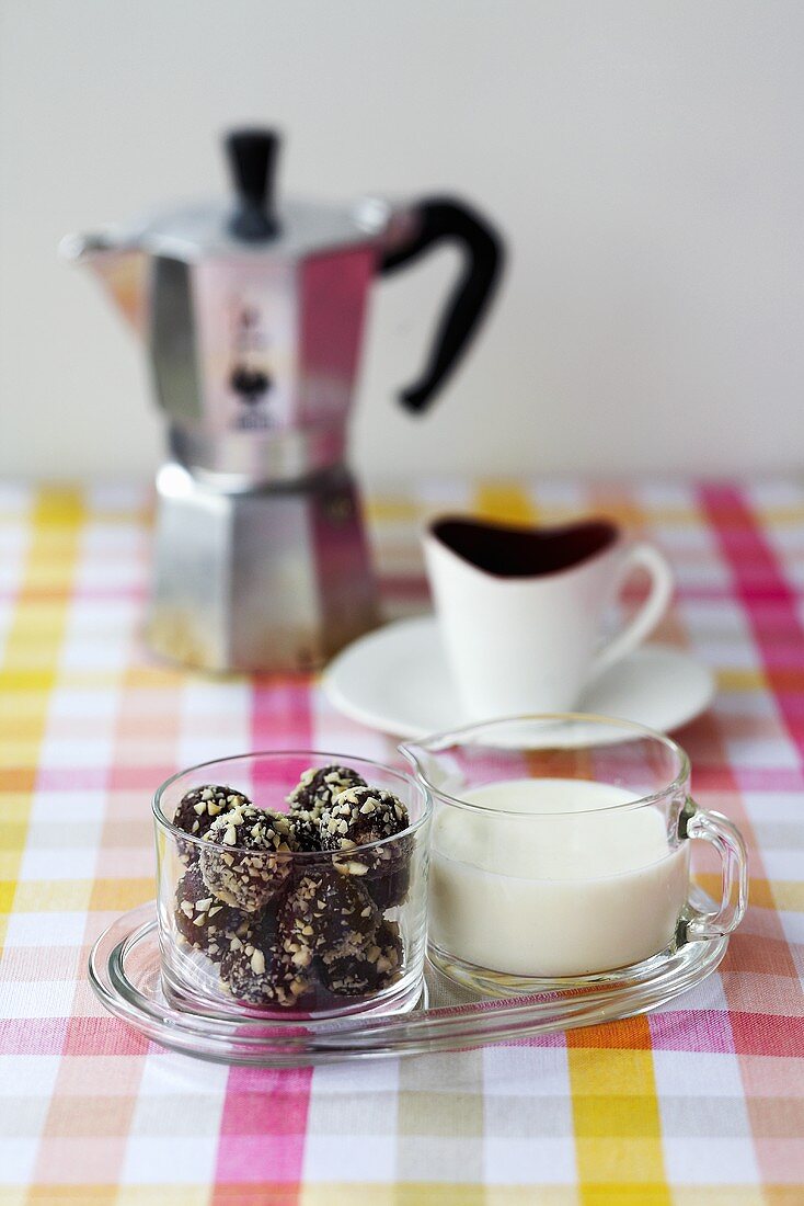 Chocolate truffles and cream to serve with coffee