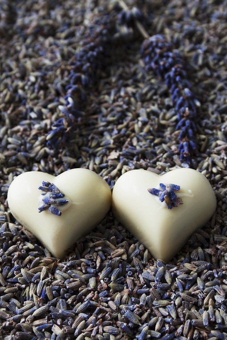 Heart-shaped white chocolates with lavender flowers