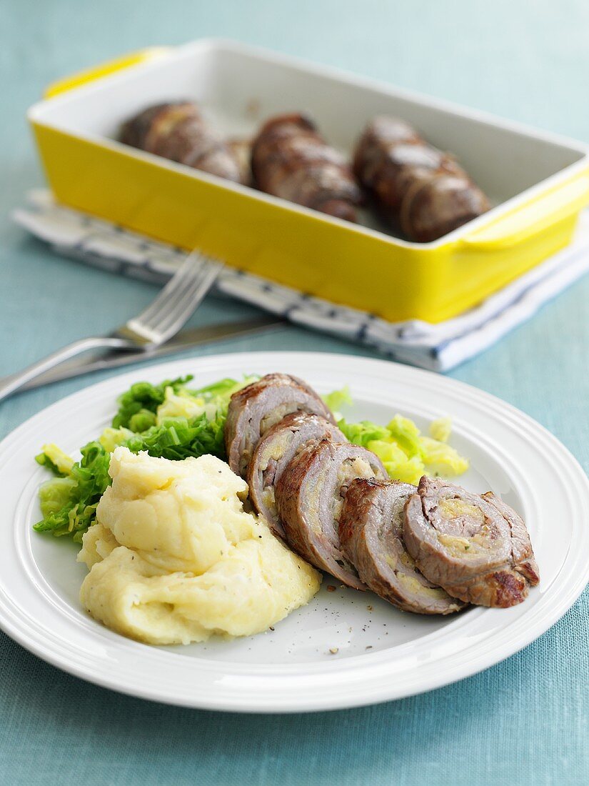 Beef roulades with olive stuffing and mashed potato