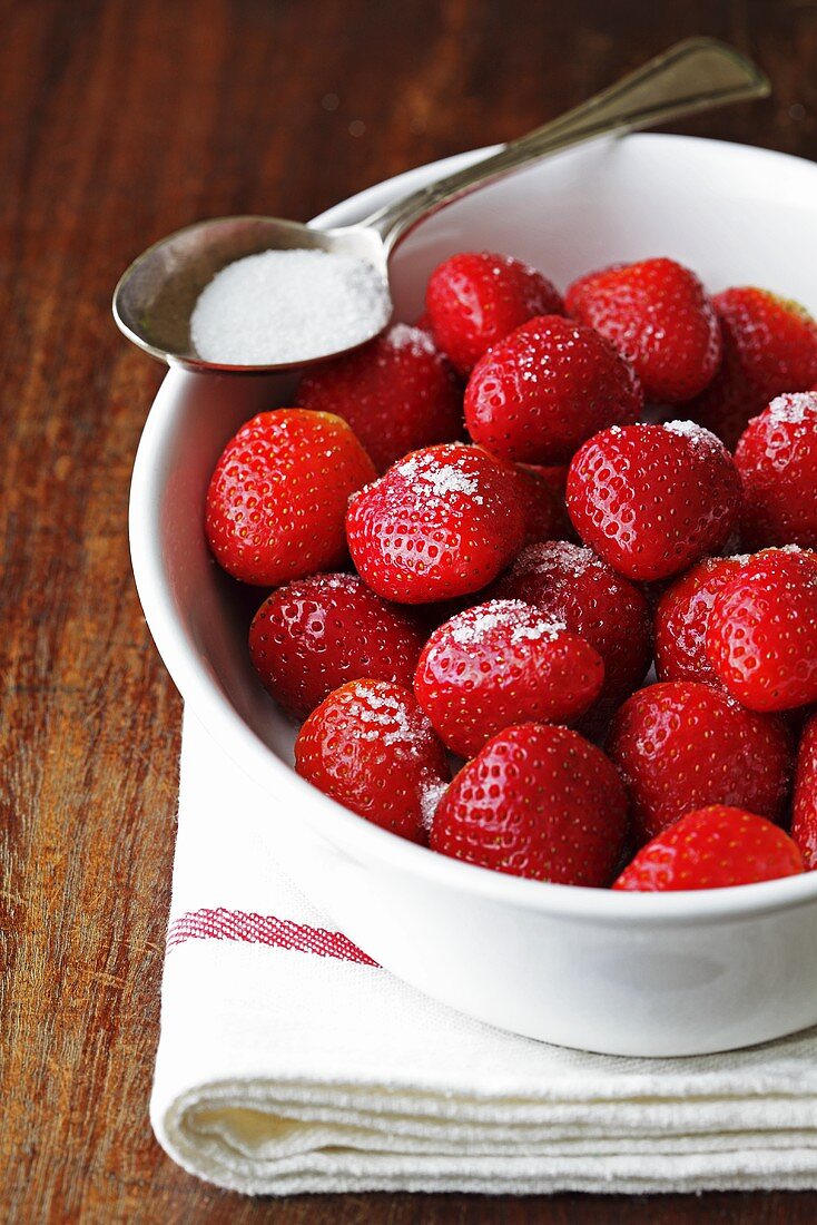 Gezuckerte Erdbeeren in einer Schüssel auf Geschirrtuch