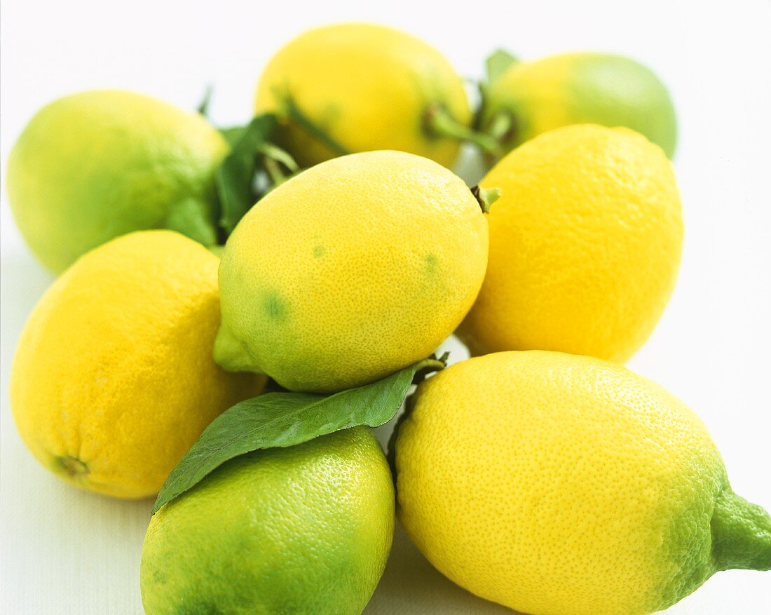 Mehrere ganze Zitronen mit Blättern