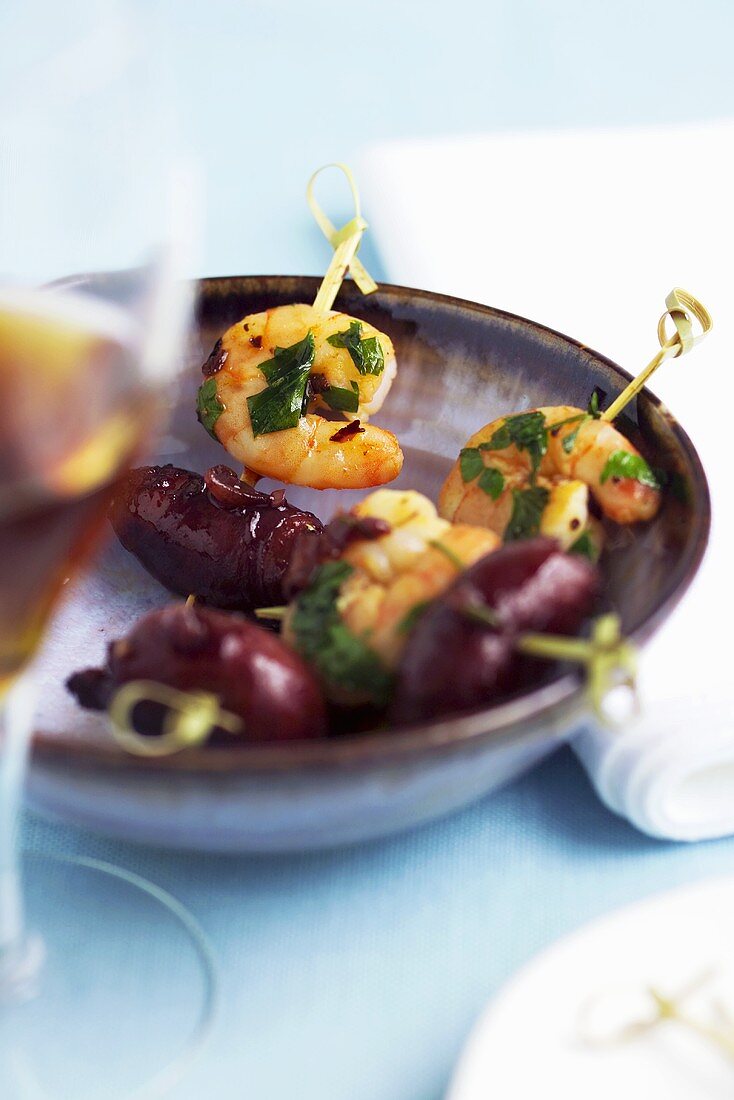 Chorizo and prawn skewers (Spain)