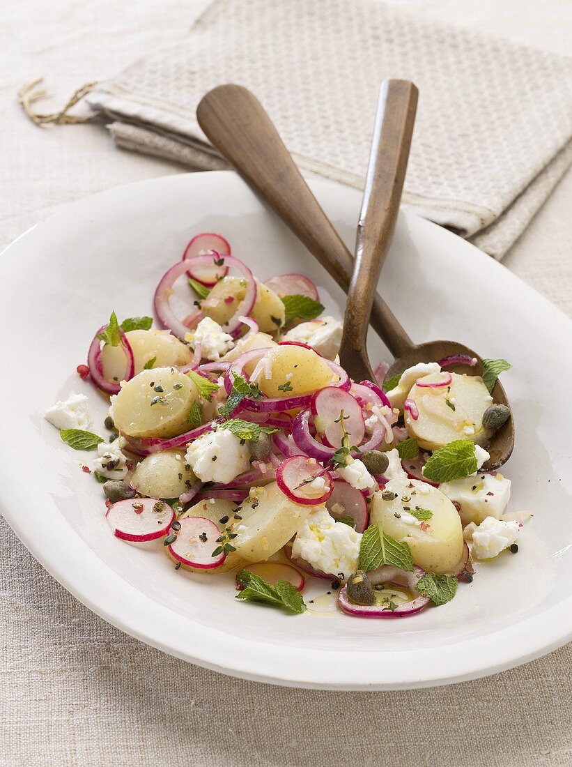Jersey potato salad with radishes, feta cheese and mint