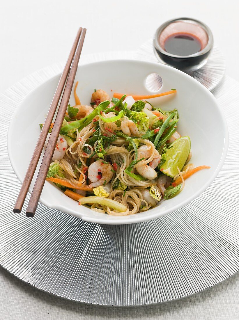 Noodle, prawn and vegetable salad with mint