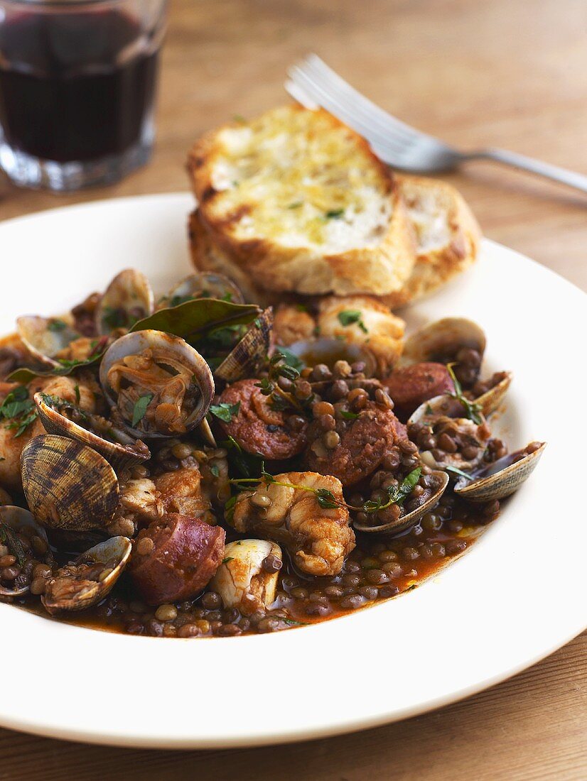 Lentil stew with shellfish and chorizo
