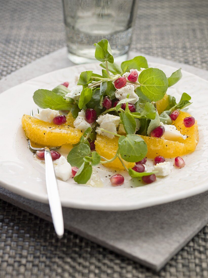 Orangensalat mit Brunnenkresse, Granatapfelkernen und Feta