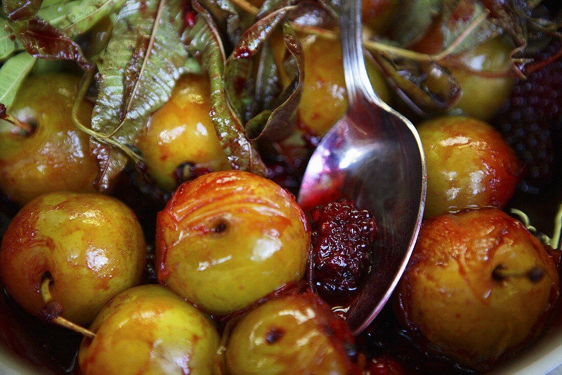 Cooked greengages with jam