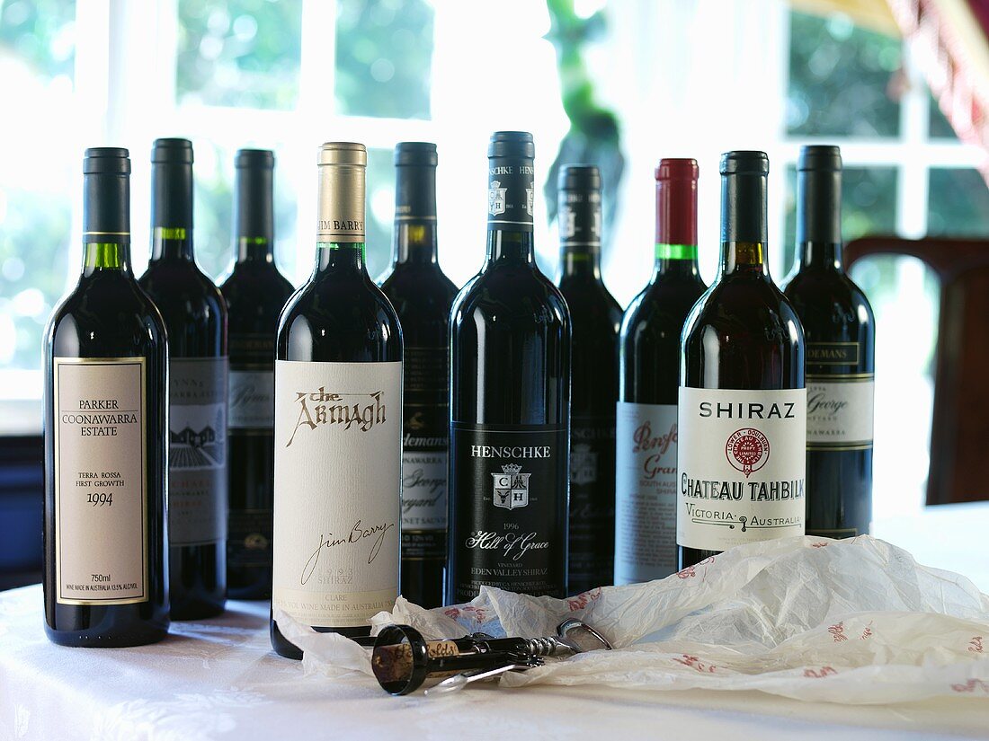 Labelled bottles of red wine