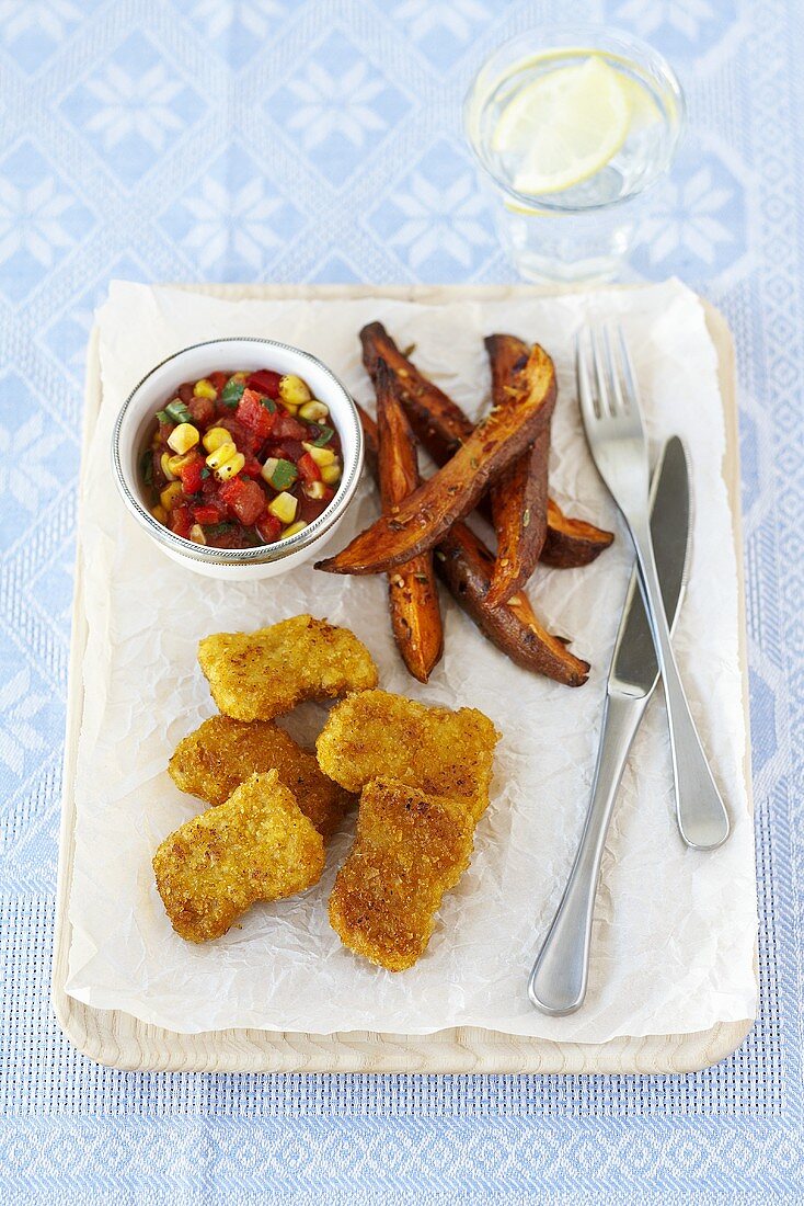 Chicken and tofu nuggets with salsa