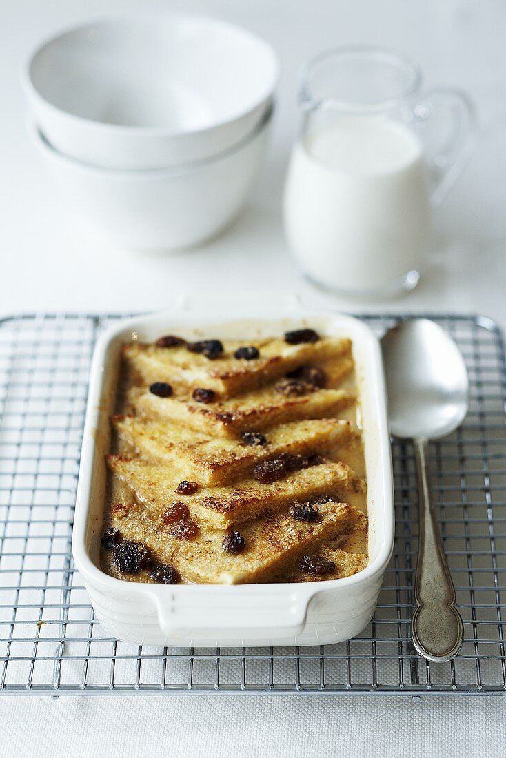 Bread and butter pudding with raisins