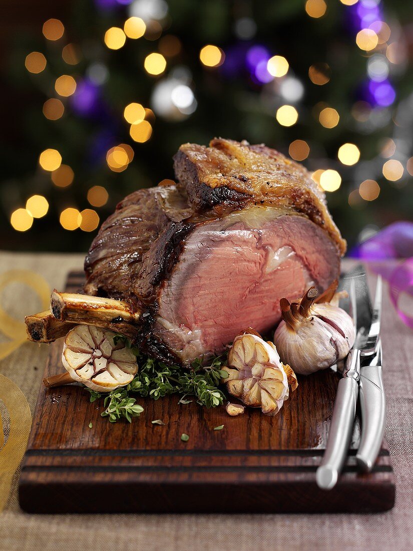 Sliced roast beef with garlic for Christmas dinner