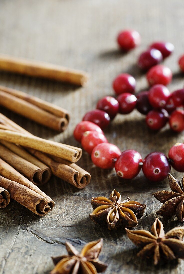 Cranberries, star anise and cinnamon sticks