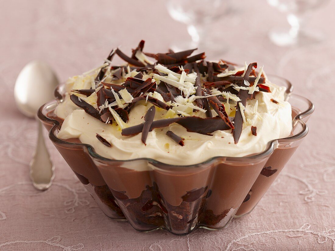 Trifle with chocolate and cream