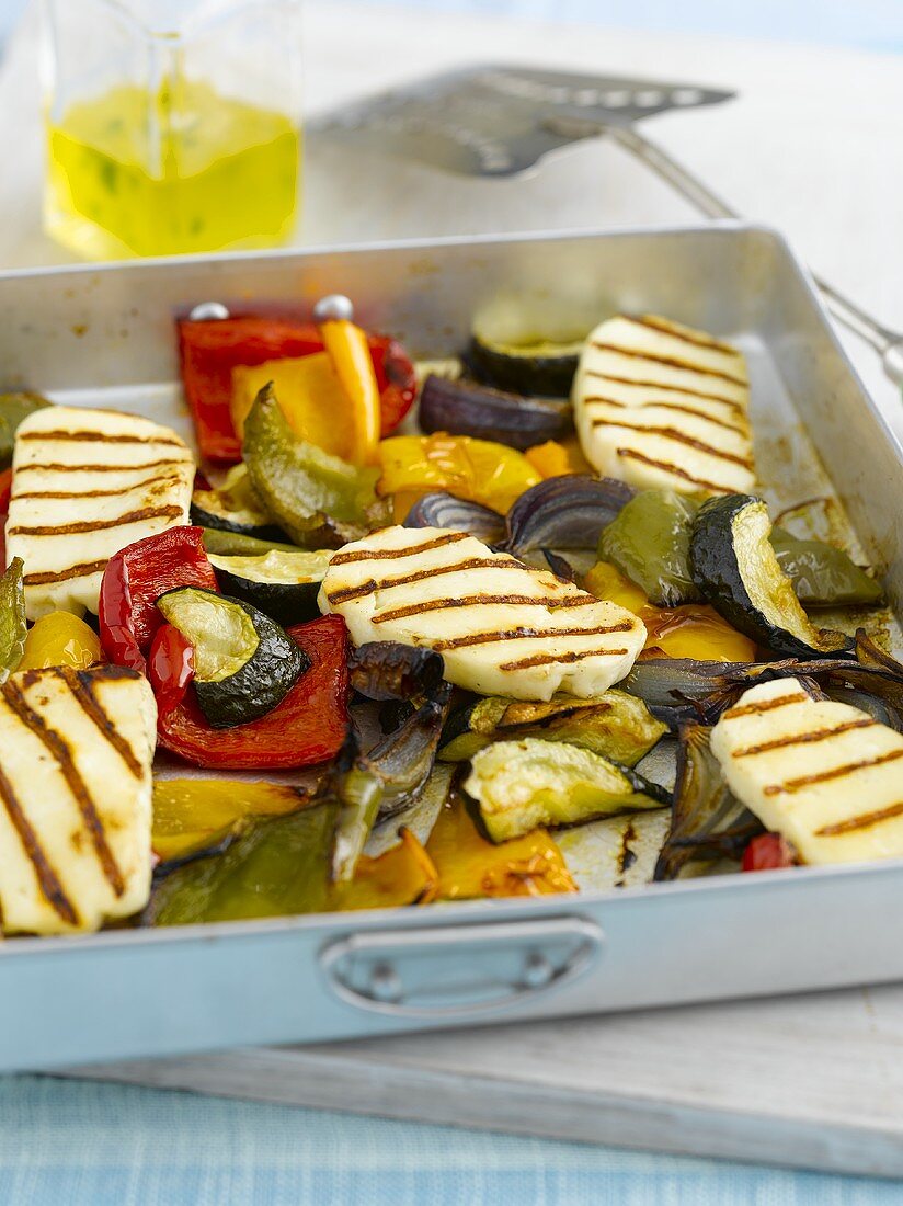 Oven-roasted vegetables with haloumi