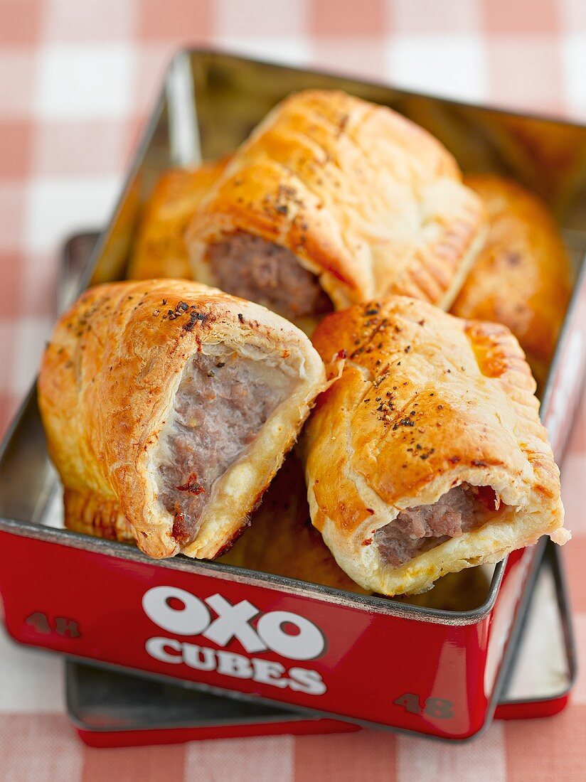 Sausage rolls in a tin tray