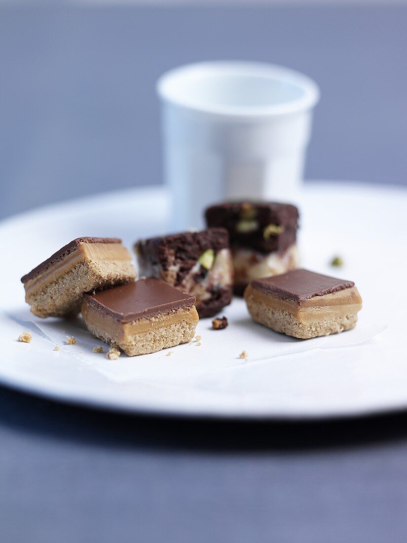 Chocolate and caramel squares and chocolate & pistachio cubes