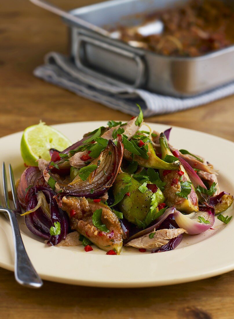 Warm pheasant salad with green figs, onions and coriander-lime dressing