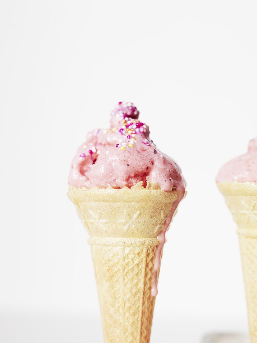 Strawberry Ice Cream Cone; Sugar Cone