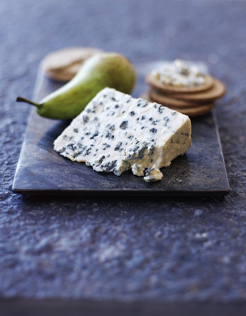 Saint Agur (French blue cheese), crackers and a pear