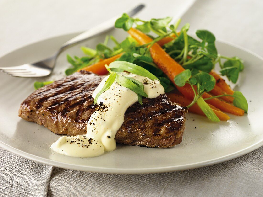Grilled steak with Bernaise sauce and carrots