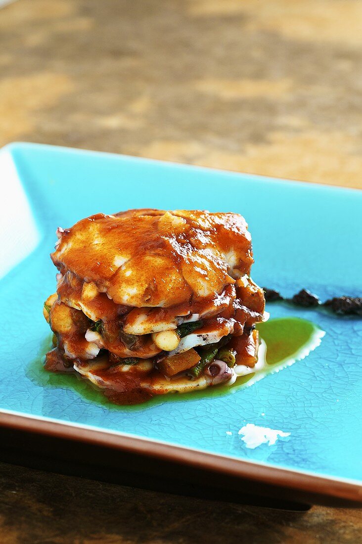 Lasagne vom Oktopus mit Gemüse