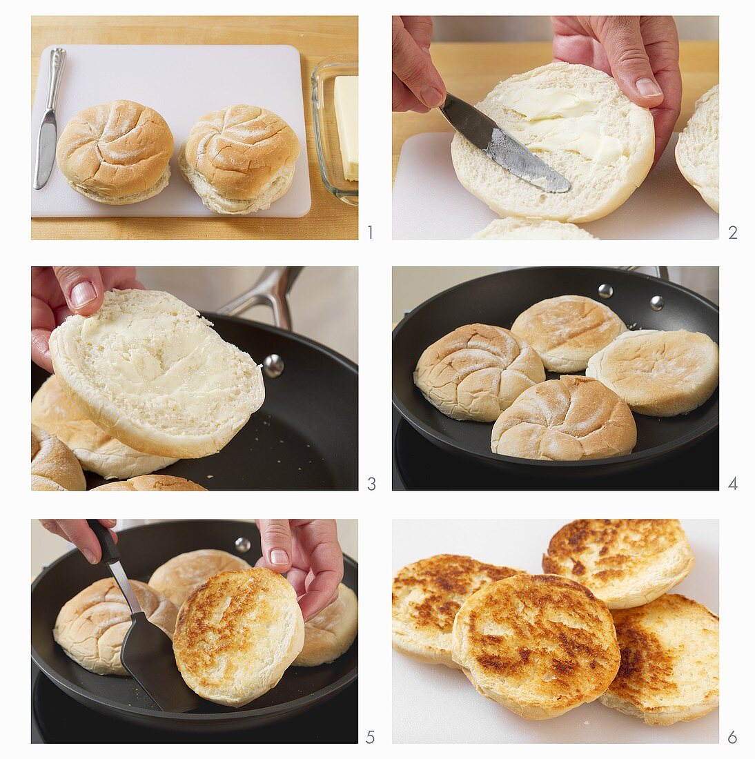 Bread rolls being spread with butter and toasted in a pan