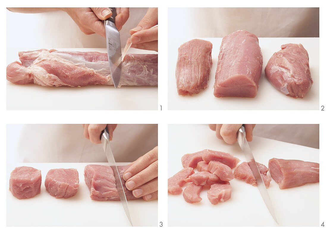 Pork fillet being prepared (tendons being removed, separated and sliced)