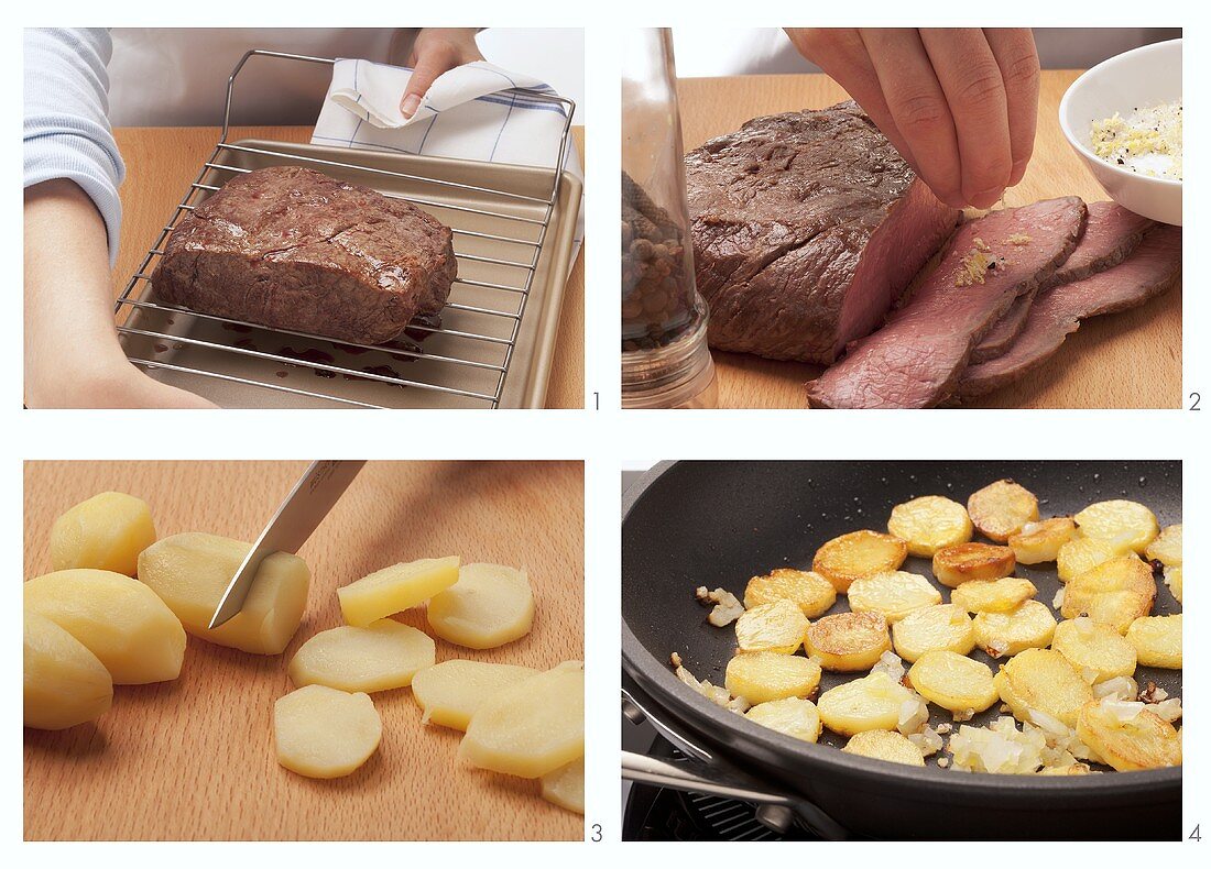 Roast beef and fried potatoes being prepared