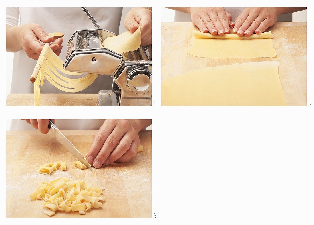 Pasta dough being made into tagliatelle with a machine and by hand