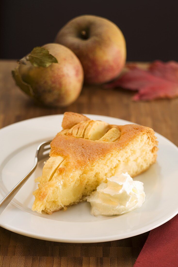 A slice of apple cake with cream