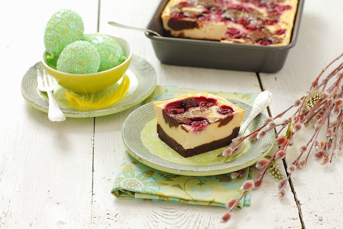 Tray-bake cheesecake with sour cherries for Easter