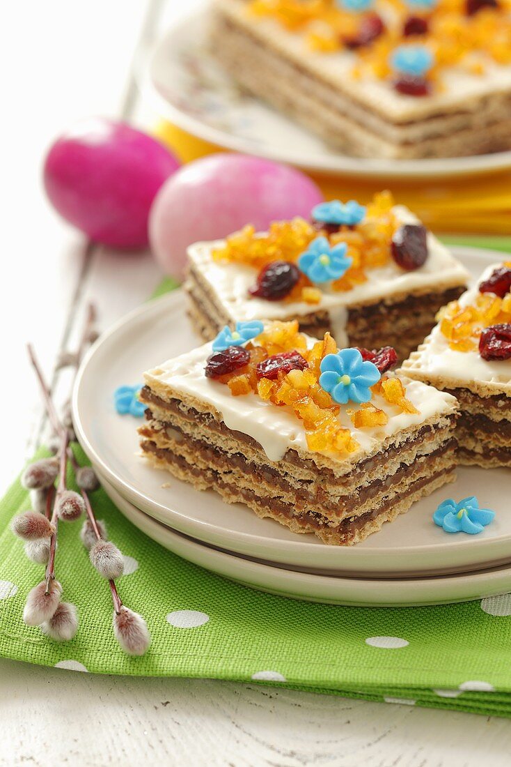 Waffle layer cakes with white chocolate for Easter