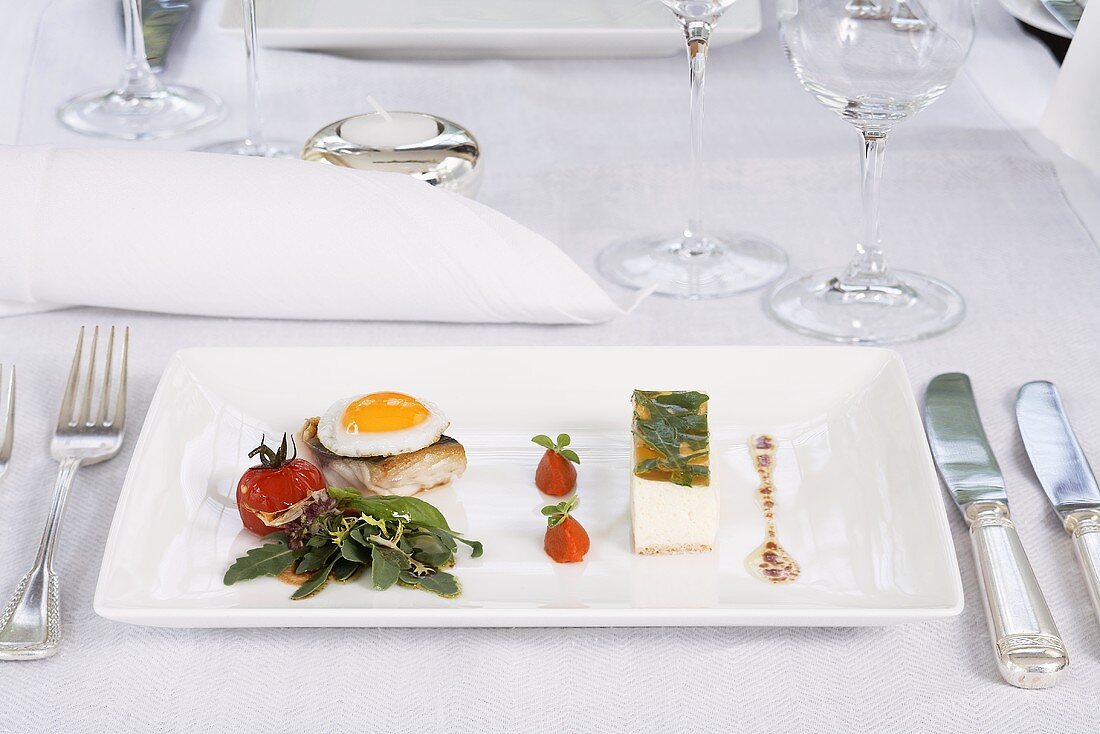 Tomato and rocket mouse, quail's eggs and mackerel with a herb salad in a restaurant