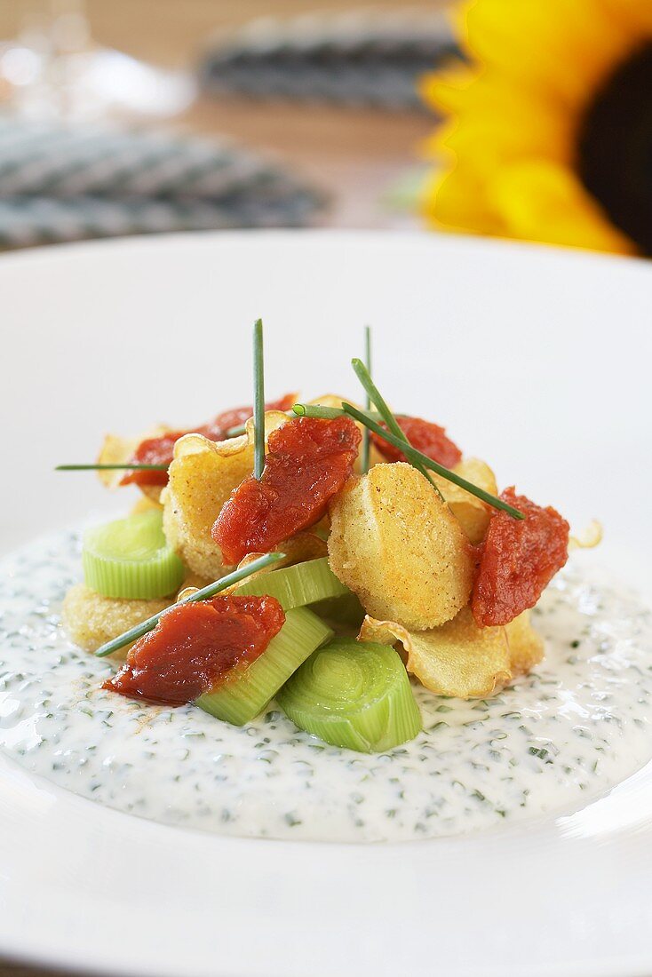 Gebackener Lauch auf Schnittlauchschmand mit Tomaten