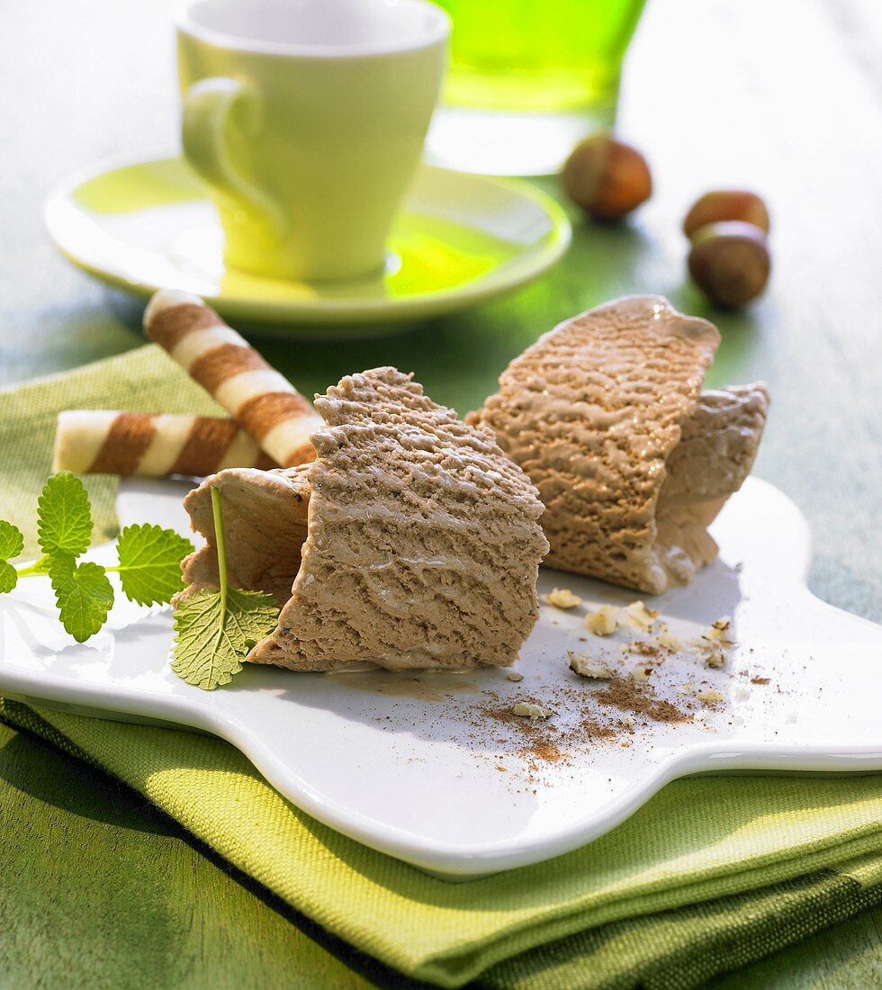 Nougat ice cream with wafer rolls