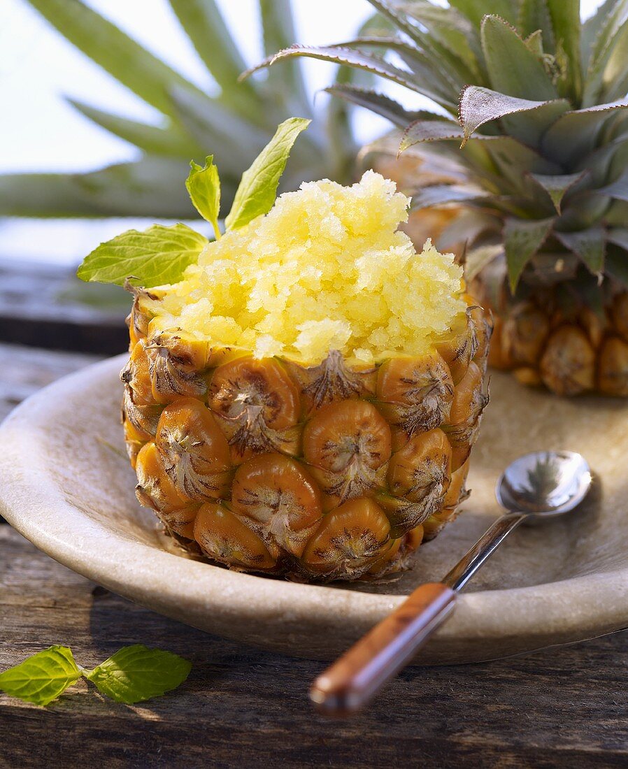 Pineapple sorbet in a hollowed out pineapple