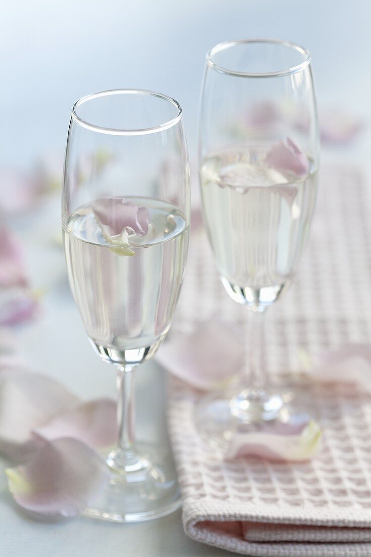 Zwei Gläser Prosecco mit Rosenwasser