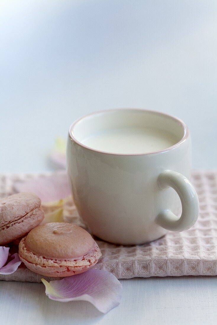 Eine Tasse Milch und Macarons mit Rosengeschmack
