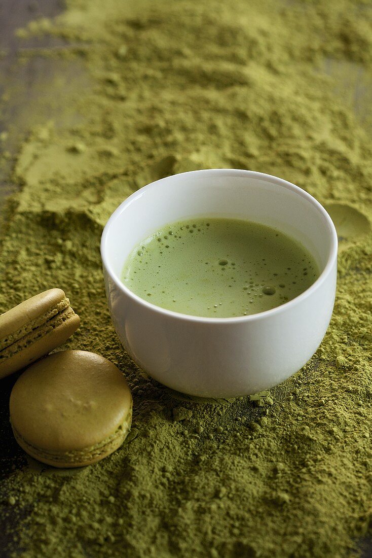 Matcha tea and matcha macaroons