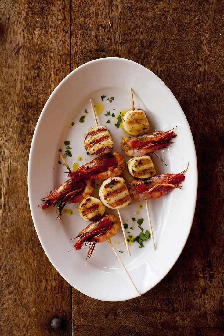 Grilled scallop and prawn kebabs