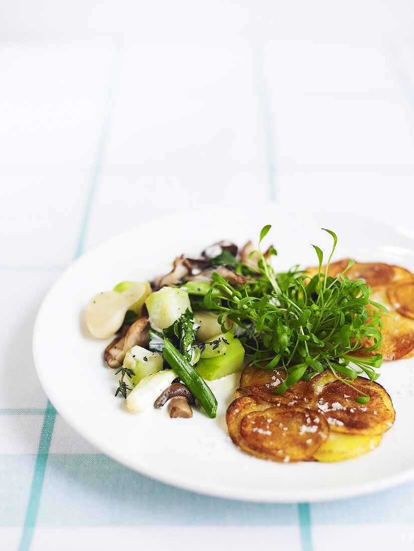 Rösti with vegetable ragout and garden cress