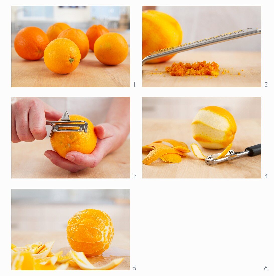 Orange zest being grated and oranges being peeled