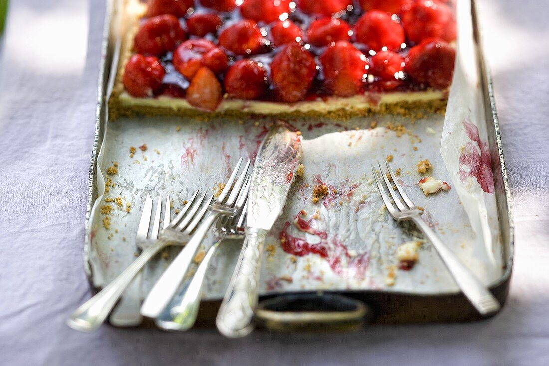 Erdbeer-Vanille-Kuchen auf einem Backblech