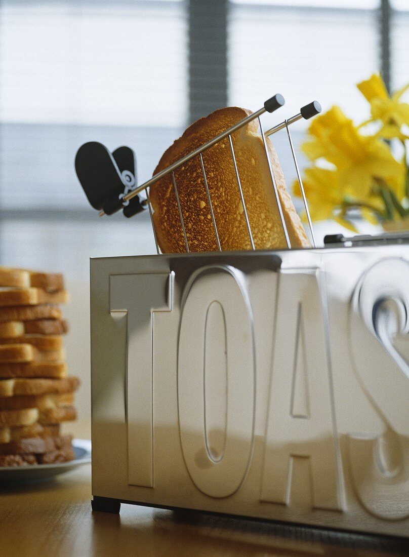 Toastbrot im Chrom Toaster und Narzissen in Vase