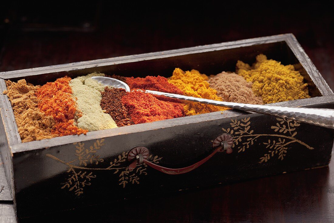 Various spices in a wooden box (Arabia)