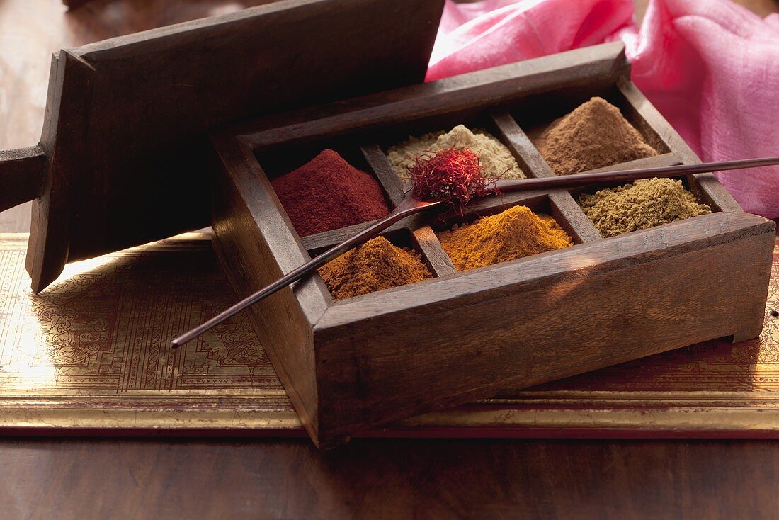 Various spices in a wooden box (Arabia)