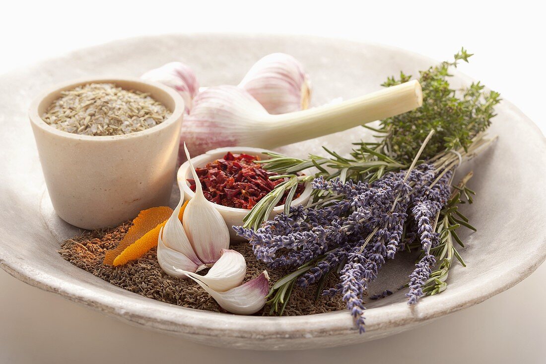 Spices, garlic, lavender and herbs