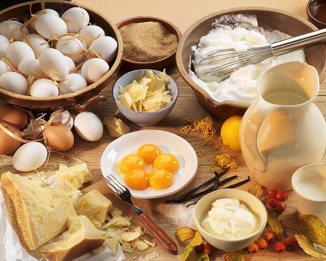 An arrangement of eggs and parmesan