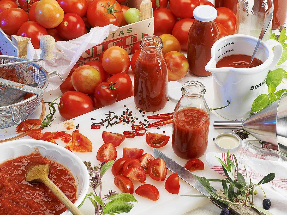 Tomatenketchup und frische Tomaten