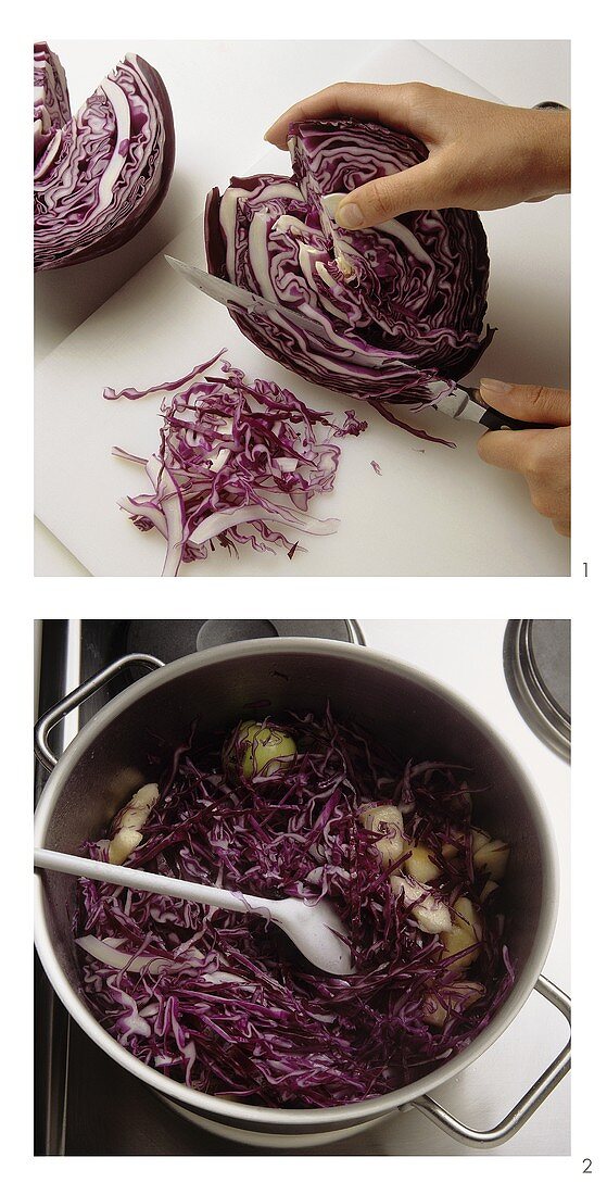 Preparing red cabbage with apples